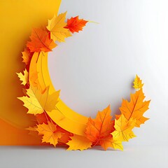 Autumnal circle of vibrant orange and yellow leaves on a gray background