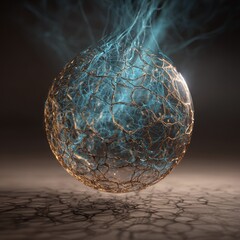 Glowing Wire Mesh Energy Sphere with Blue Plasma Smoke. AI generative