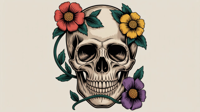 Vintage skull adorned with colorful flowers and vines