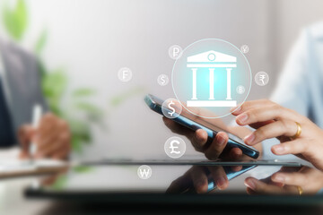 Concept of a financial and banking business using mobile applications, intelligent mobile banking system supporting numerous currencies worldwide, offering convenient spending through central banks.