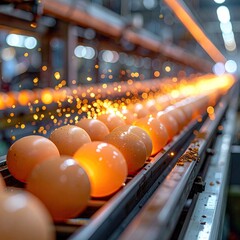Eggs on a conveyor belt, glowing, sparks