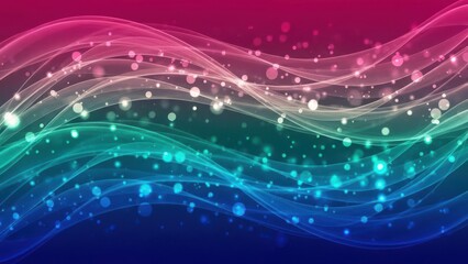 Vibrant digital abstract background featuring flowing iridescent light waves and shimmering bokeh particles, creating a modern gradient design from pink to blue.
