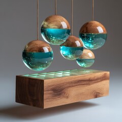 Modern pendant light with wooden and glass spheres and turquoise liquid, suspended above walnut base. AI generative