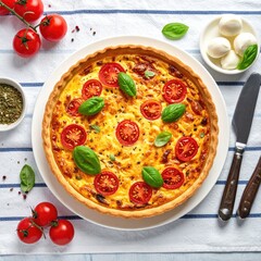 Round savory tart, topped with cherry tomatoes and basil