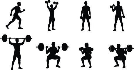 Set of athletic fitness silhouettes performing weightlifting, running, and dumbbell exercises, ideal vector illustration for gym training, bodybuilding, workout posters, and sports designs