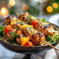 Grilled chicken skewers with colorful peppers, cherry tomatoes, and couscous