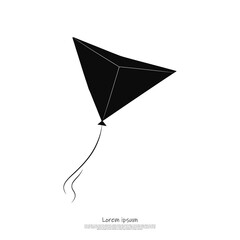 A simple black silhouette of a diamond shaped kite soaring with a flowing tail attached