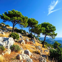 Sunny hillside with pine trees and ocean view