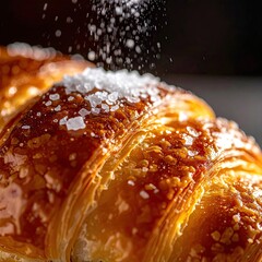 Close-up of a golden croissant with flaky layers, sprinkled with coarse salt
