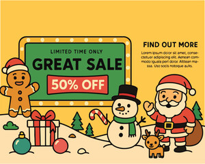 Cartoon vector Christmas card illustration of Santa Claus with gifts, children, and a funny snowman holiday design greeting