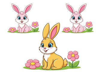 Cute pink and yellow rabbits sitting with colorful flowers on green background in cheerful cartoon animal vector illustration