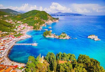 Parga, Greece. Aeriual drone view of beautiful colorful coastal town in Epirus, Greek holidays.