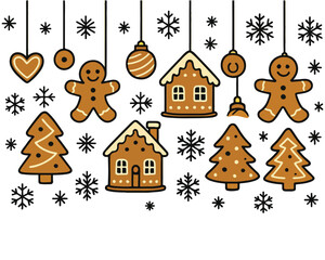Gingerbread house and Christmas tree illustration with snow, a cozy winter holiday celebration scene