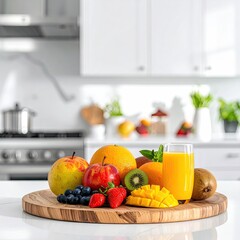 Fresh fruits and juice on a wooden board in a bright kitchen