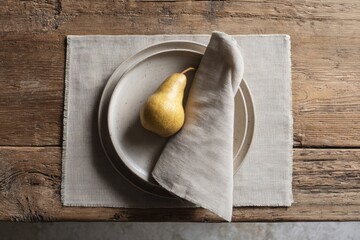 Rustic Table Setting with Pear on Ceramic Plate and Linen Napkin. AI generative