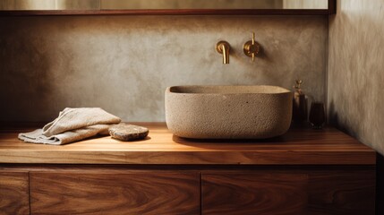 Modern Bathroom Interior with Stone Basin Sink on Wooden Vanity. AI generative