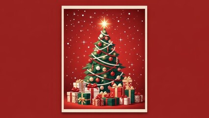 Christmas Tree Illustration with Red Ornaments and Gift Boxes on a Red Holiday Background