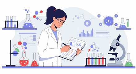 Female scientist analyzing data in a laboratory surrounded by diverse scientific equipment, including test tubes, flasks, and a microscope, illustrating research and discovery.