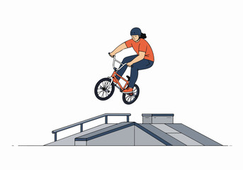 Fototapeta premium Dynamic illustration of a BMX rider performing an airborne trick over a skate park obstacle, embodying extreme sports, urban culture, and an active, thrilling lifestyle.