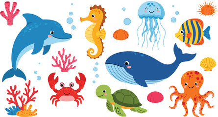 Obraz premium Large Vector Collection of Cute Cartoon Sea Animals, Featuring Dolphin, Whale, Octopus, Turtle, and Crab for Children's Marine Life Design