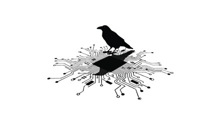 Fototapeta premium Black Raven Perched on Abstract Circuit Board Island, Technology and Nature Contrast
