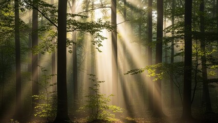 Sunlit Forest Canopy: Beams of sunlight pierce through the dense canopy, illuminating the tranquil forest, creating a breathtaking display of light and shadow, and embodying nature's beauty.