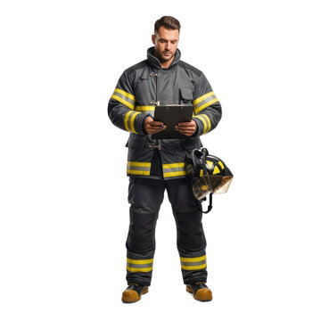 A firefighter in full gear holding a clipboard and helmet, standing against a white background.
