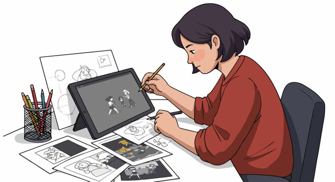 Artist illustrating on a digital tablet, surrounded by sketches and character designs, showcasing the creative process of animation and graphic art.