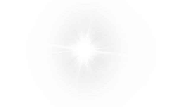 Yellow star flashed with sparkles sun isolated on white background. Soft glow without departing rays, sunlight with lens flare effect. PNG vector light effect.
