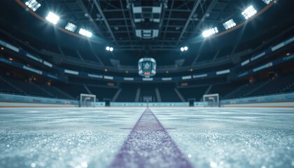 An empty indoor arena ice rink ready for athletic competition or entertainment events