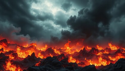 Fiery molten landscape beneath stormy skies, perfect for disaster, drama, or intense thematic presentations.