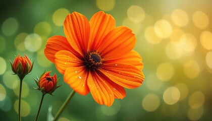 Vibrant orange petals with dew drops and buds in soft focus bokeh background, perfect for seasonal promotions