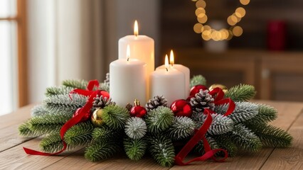 Christmas Advent Wreath with Three Lit Candles and Festive Decorations.