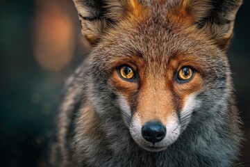 Obraz premium Close-up of a fox with striking amber eyes, bushy ears, and a soft fur coat. The gaze is direct and intense, capturing the mysterious and wild essence of the animal in vivid detail