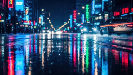 Fototapeta premium Neon City Reflection: A vibrant cityscape at night, with luminous neon signs reflecting on the wet pavement, creating a dazzling display of light and color.