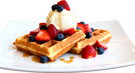 하얀접시에담긴바삭한벨기에와플과아이스크림디저트