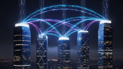 Urban 5G Connectivity: The sleek silhouettes of towering structures are interwoven with vibrant lines, showcasing the modern infrastructure of seamless 5G connectivity.