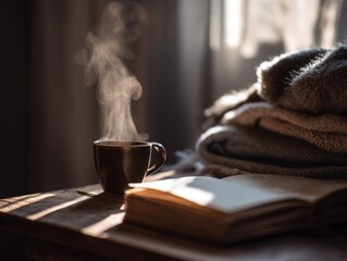Steaming coffee cup on wooden table, beside open book and cozy knit blankets; soft light streaming through window in a warm, inviting, and relaxing atmosphere. No text visible