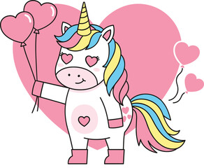 Cute rainbow unicorn holding heart balloons with pink hearts background in adorable pastel kawaii style vector illustration