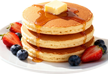 흰접시위에쌓인팬케이크와시럽