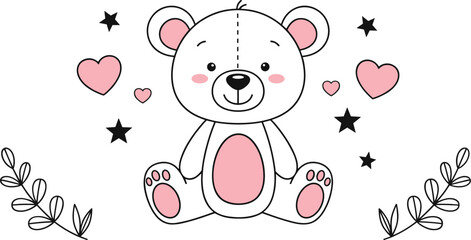Cute sitting teddy bear surrounded by hearts, stars, and leaves in simple pastel kawaii style vector illustration