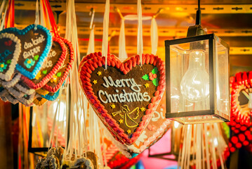 Nuremberg, Germany. Advent in Bavaria with traditional gingerbread cookies,  at Nurnberger Christkindlesmarkt