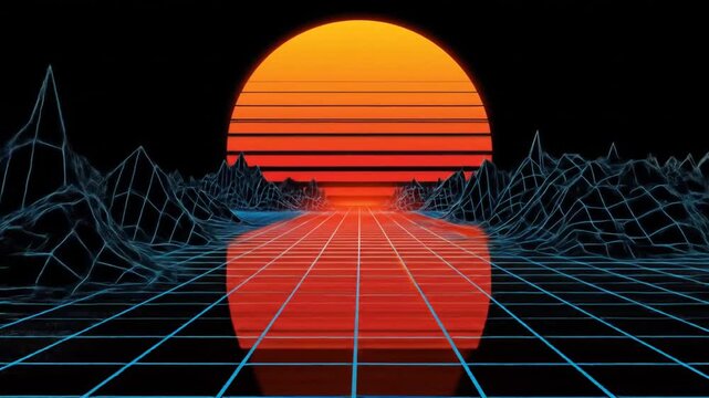 Retro sunset digital art with wireframe mountains and grid pathway
