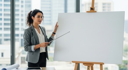 Professional businesswoman presenting using a blank whiteboard in a modern office with city view.