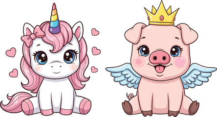 Cute unicorn and flying pig with crown and wings surrounded by hearts in adorable colorful kawaii style illustration