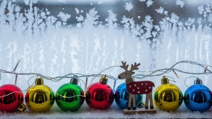 Fototapeta premium Christmas Ornaments and Deer Decoration on Frosted Window Background.