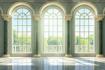 Naklejka premium Sunlight illuminates green grand hall through large windows in palace or castle, surrounded by lush greenery