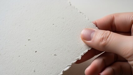 Hand holding a piece of handmade paper with rough edge. Craft and art concept for creative hobby and recycled material.