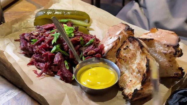 Corned beef sandwich piled high woman taking bite out of sandwich close up. High quality 4k footage