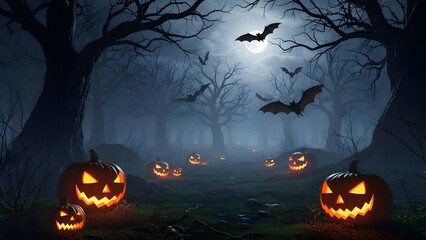 Spooky Halloween night background with orange pumpkin and black bats flying over a dark, scary tree silhouette, perfect vector illustration for October holiday celebration design